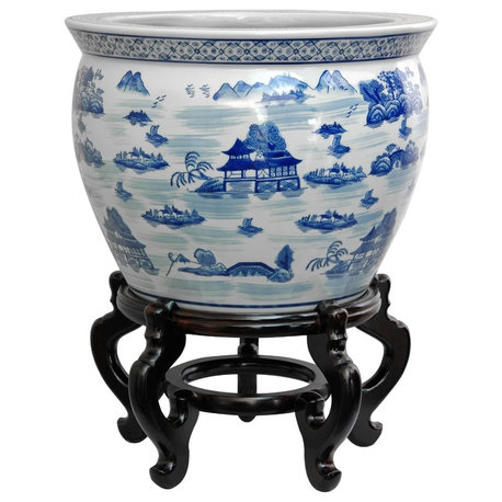 18" Porcelain Fishbowl Blue and White Landscape