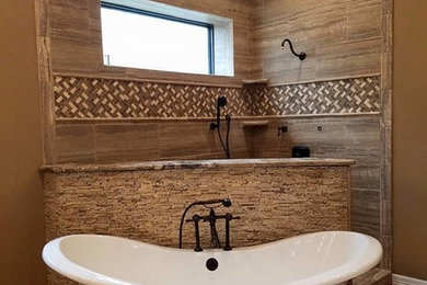 Example of a large classic master porcelain tile concrete floor and brown floor bathroom design in Austin