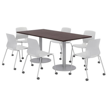 36 x 72" Table - 6 Lola Grey Caster Chairs - Espresso Top - Silver Base