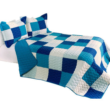 Blue Crystal Cotton 3PC Vermicelli-Quilted Patchwork Quilt Set (Full/Queen)