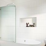 Glass Warehouse - Bathtub Fixed Panel, Fluted Radius, Left Hand, Brushed Nickel - The Aurora, our elegant, fluted glass, fixed bathtub shower panel, diffuses the light in your bathroom while adding an element of privacy. Each frameless 3/8 in. tempered glass panel comes in a standard 58.25 in. height and is treated with EnduroShield coating, which aids in repelling water and soap residue. In addition, our superior quality solid brass hardware is available in a variety of color finishes to suit any bathroom. With our extensive range of fixed frameless glass panel sizes, the Aurora shower enclosure by Glass Warehouse features a classic, curved aesthetic that adds a timeless quality and a touch of old-school glamour to your bathroom.