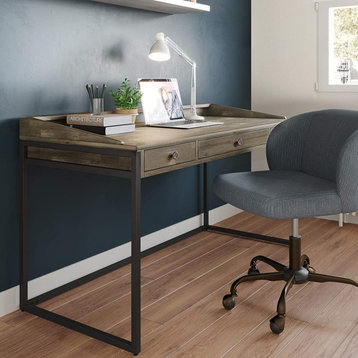 Modern Desk, Acacia Wood Top With Keyboard Tray & 2 Drawers, Distressed Grey