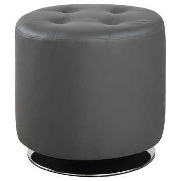 Benzara BM206528 Round Leatherette Swivel Ottoman with Tufted Seat, Gray/Black