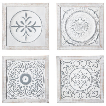 Square Wood Wall Art with Mandala Pattern Washed White Finish, Asstd of 4