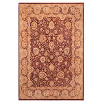 Bareens Designer Rugs - Antique Vegetable Dyed Anmol Agra Aubergine/Tan Wool Rug - 8'0'' x 10'4'' - Designed with mesmerizing intricacy and gorgeous color palette, this hand-knotted masterpiece demonstrates the beauty and electrifying thrill of Pak Persian art. These meticulously hand-knotted Pak-Persian rug is made with pure wool and features breathtaking traditional, transitional, and tribal designs in bold luxurious color pallets. Known for their intricate designs these rugs are a reproduction of Persian rugs, made in Pakistan with unique Mughal designs. Made by master weavers using the same Persian texture, design and dying technique, we wanted to produce the most significant manifestation of Persian art, life, and culture. This rug is most famous for its exceptional quality, incredible designs, patterns, and vibrant rich color. Pak-Persian rugs made with Persian weave with high knot counts, which enables the high intricacy and detail found in the patterns are also referred to as "State of art", each color adds a rich beautiful detail in the artwork of this rug. The design, color, and beautiful chromatic composition with a vibrant sheen with intricate designs, exude beauty, elegance, and quality make this rug a masterpiece of its own.