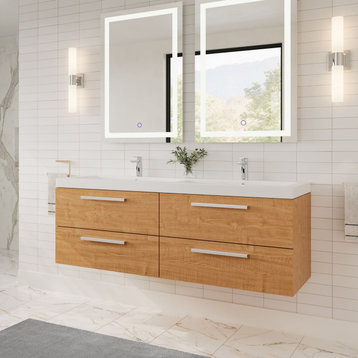 The Aeris Bathroom Vanity, Oak, 55", Double Sink, Wall Mount