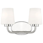 Savoy House - Capra 2-Light Bath Vanity Fixture, Polished Nickel - Add chic style to any bathroom with the Savoy House Capra 2-light bath bar. Its substantial structure features classic details along with white opal glassshades that are tapered like lamp shades and open at the top to give off a flattering glow. The large oval-shaped backplate helps to cover up any holes left behind from replacing old bath bars too. Plus the hardware for this fixture has been thoughtfully moved to the side of the backplate allowing for a crisp and clean look. Finished in polished nickel. This fixture is 15" wide and 9" tall. It extends 6.5" from the wall. Uses 4 standard size bulbs of up to 60 watts each (not included).