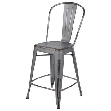Set of 4 Counter Stool, Metal Seat With Drain Holes & Curved Backrest, Gray