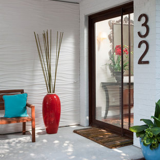 ウィルミントンの片開きドアコンテンポラリースタイルのおしゃれな玄関 (白い壁、ガラスドア) の写真