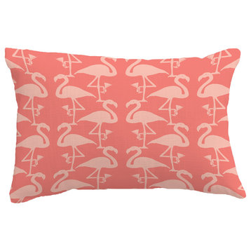 Flamingo Heart Martini Tropical Print Pillow With Linen Texture, Coral, 14"x20"