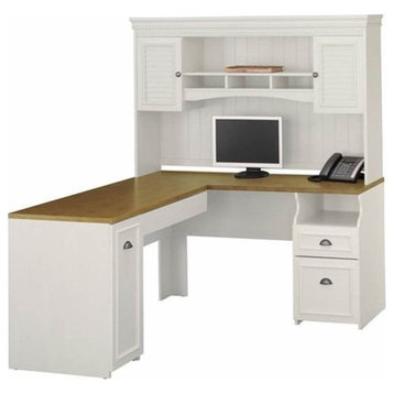 Bush Furniture Fairview 60" L-Shape Computer Desk with Hutch in Antique White