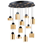 ET2 Lighting - Nob LED 12-Light Pendant - These geometric pendants can be arranged at various heights to create both a sculptural and functional form. Housings of plated Gold in various shapes and sizes are topped with a round handle of Black and finished on the bottom with a Clear acrylic diffuser.
