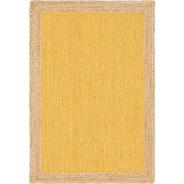 Farmhouse Area Rug, Pure White With Inner Yellow & Natural Border, 8' X 11'