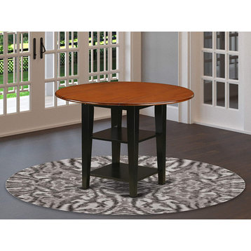 Modern Dining Table, Base With 2 Open Shelves And Round Top, Black/Cherry