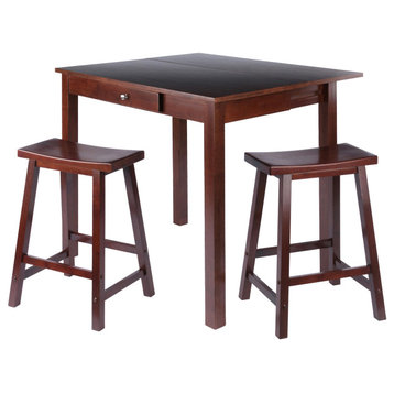 Perrone 3-Piece High Drop Leaf Table With Saddle Seat Counter Stools, Walnut