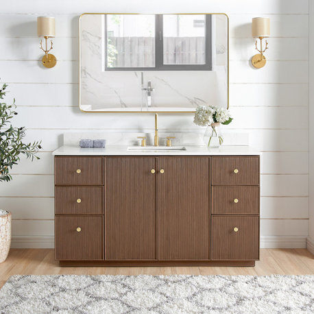 Oza Bath Vanity with Quartz Stone Top, Aged Dark Brown Oak, 60", Single Vanity, No Mirror