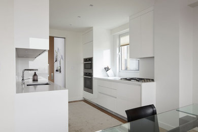 Kitchen - small contemporary galley medium tone wood floor and brown floor kitchen idea in New York with an undermount sink, flat-panel cabinets, white cabinets, stainless steel appliances and white countertops