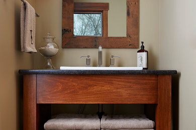 Large transitional 3/4 white tile and ceramic tile porcelain tile alcove shower photo in Minneapolis with an undermount sink, furniture-like cabinets, brown cabinets, granite countertops and white walls