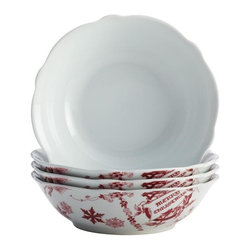 Dinnerware Yuletide Garland 4-Piece Porcelain Stoneware Fluted Cereal Bowl Set i - Dinnerware Sets
