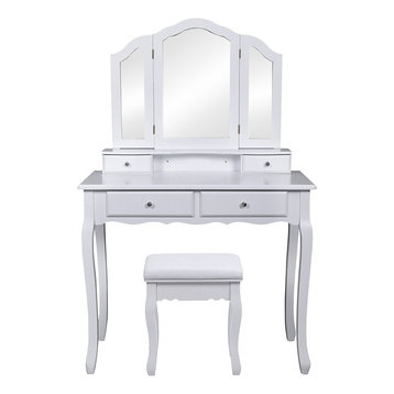 Dressing Table Set With Tri-fold Mirror and Cushioned Stool, 4 Storage Drawers