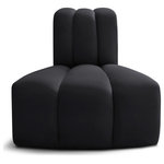 Meridian Furniture - Arc Upholstered Modular Component, Black, 1-Piece: Reverse Corner, Velvet - Give your living room or den the perfect blend of style and versatility with this Arc velvet fabric curved reverse corner chair. Part of the Arc modular furniture collection, this chair comes upholstered in rich black velvet fabric and features deep channel tufting that adds a touch of luxury while enhancing comfort and support. A seamless combination of form and function, this chair can be used with other Arc pieces to create a myriad of configurations in your well-curated room.