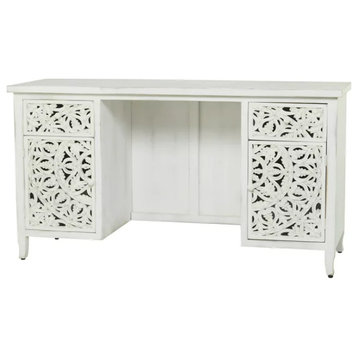 Traditional Desk, Multipurpose Design With Floral Carved Doors & Drawers, White