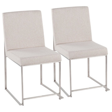High Back Fuji Dining Chair, Set of 2, Brushed Stainless Steel, Beige Fabric