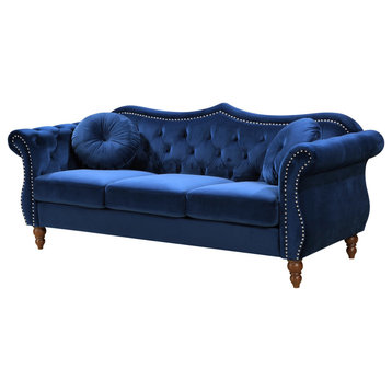 Classic Sofa, Velvet Seat With Button Tufted Back & Nailhead Trim Accent, Blue
