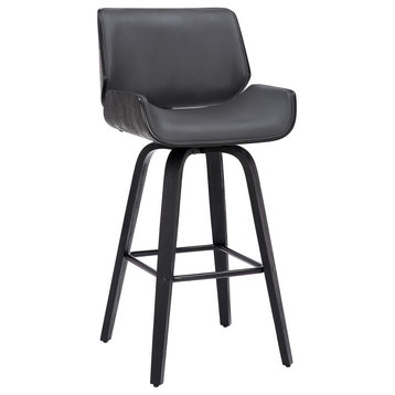 Tyler 30 Bar Height Swivel Grey Faux Leather and Black Wood Bar Stool