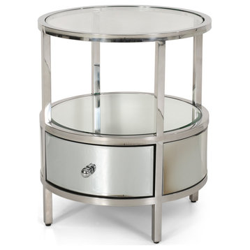 Modern Glam End Table, Round Mirrored Design With Glass Tiers & Drawer, Silver