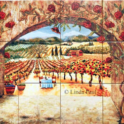 Roses and Vineyard Tile Art Backsplash Mural by artist Linda Paul - Tile Murals