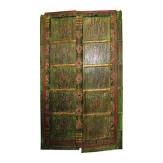 Mogul Interior - Consigne Antique Barndoors Green Floral Hand Painted Rustic Door Panels Door - Wall Accents
