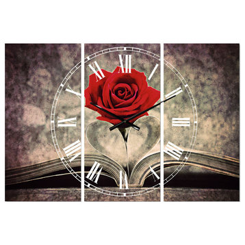 Red Rose inside The Book Traditional 3 Panels Metal Clock