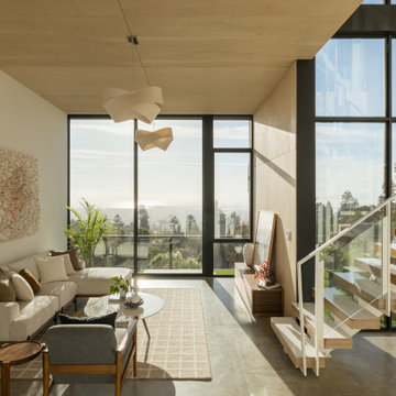 Living room with panoramic Bay views - Fold House Berkeley Hills