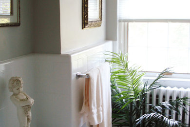 Inspiration for a small timeless white tile and ceramic tile marble floor and multicolored floor bathroom remodel in DC Metro with a two-piece toilet, a pedestal sink and gray walls