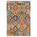 Bareens Designer Rugs - Rustic Turkish Kilim Consuelo Hand-Woven Wool Rug - 5'0'' x 6'4'' - Elevate the elegance of your home with this stunning hand-woven tribal Kilim wool rug. Meticulously crafted on a loom by the Nomad Turkman people using hand-spun wool and 100% natural vegetable dyes, these rugs are recognized for their repetitive geometric patterns, incorporating naturalistic floral and traditional designs. The contemporary fashion palette results in bold, sharp patterns that are incredibly versatile, as the pattern is the same on both sides. These reversible rugs feature a lighter shade on one side and brighter colors on the other, providing versatility according to preference. These unique rugs are made by knotting short strands of different colors onto the warps and securing them by tightly pressing the wefts. The designs are created by interweaving the various colored wefts and warps. Kilims are known for their exceptional durability and versatility, making them truly unique rugs.  Product Details    Rug Size: 5'0'' x 6'4''  Material: 100% Wool  Style: Kilim, Flat Weave, Dhurrie, Turkish, Southwestern, Rustic, Tribal  Colors: Rust, Blue  Weave Type: Hand-Woven, Handmade  Pile Height: Less than 0.25 inch
