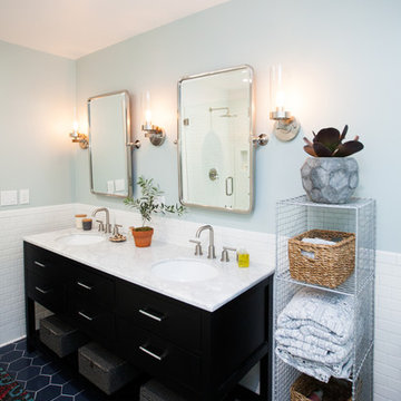 Vanity in Jen's master bathroom, 8" hexagons in Slate Blue.