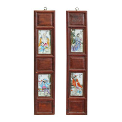 Chinese Vintage Pair Porcelain Wood Wall Panels Art - Wall Accents