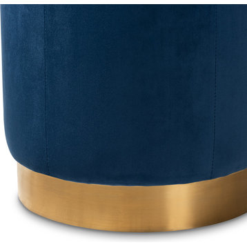 Rylie Glam Velvet Fabric Gold Ottoman, Navy Blue