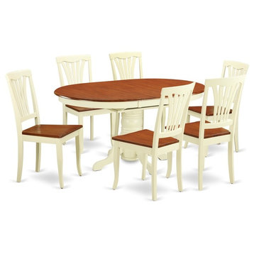 7-Piece Dinette Table With Leaf And 6 Wood Seat Chairs In Buttermilk And Cherry.