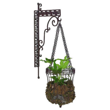 Ornate Greek Key Scroll Iron Hanging Basket Bracket Set Wall Planter Outdoor