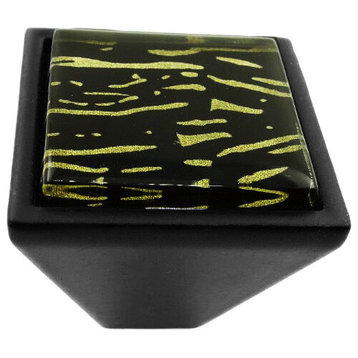Hand Painted Abstract Golden Lines Crystal Glass Black Metal Square Frustum Knob