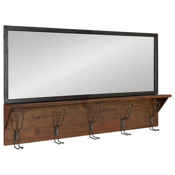 Coburn Metal Mirror with Wood Shelf and Hooks, Brown 36x22
