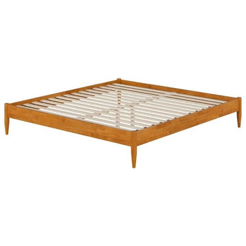 Midcentury Platform Bed, Hardwood Frame With Slatted Support, Light Toffee/King