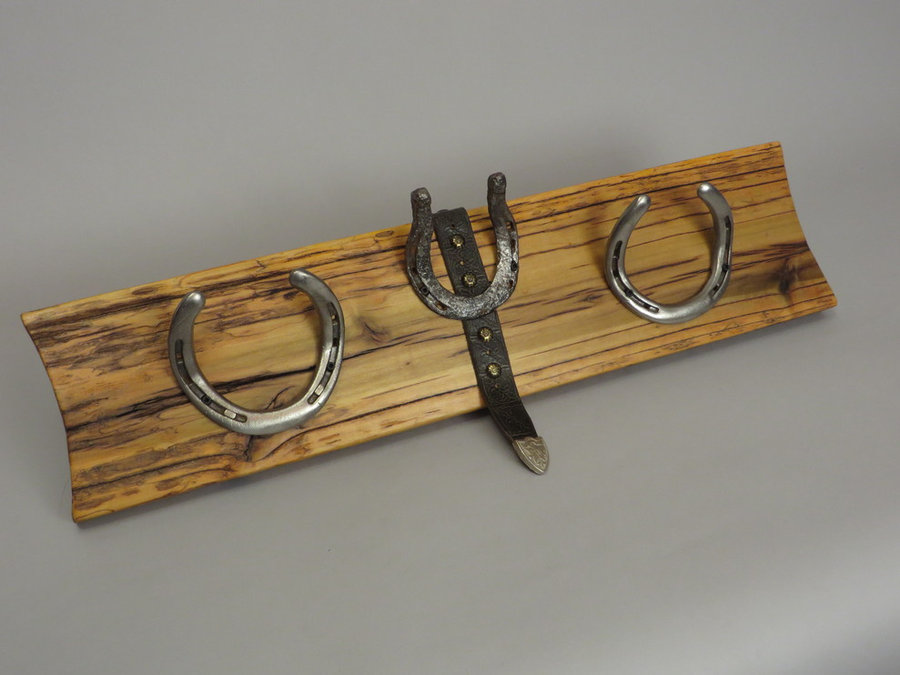 #R15064 Coat Rack Reclaimed Poplar, horseshoes, leather.