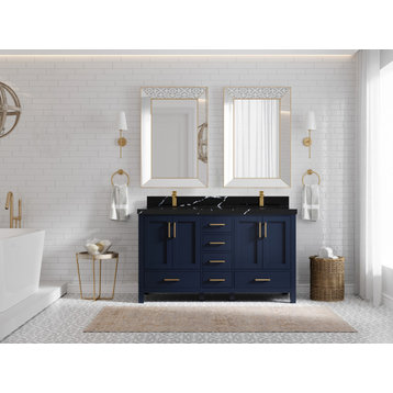 Malibu 60 Double Sink Bathroom Vanity in Navy Blue 2" Calacatta Black