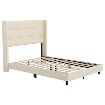 Hollis Upholstered Platform Bed with Wingback Headboard w/Mattress Foundation, Beige, Full