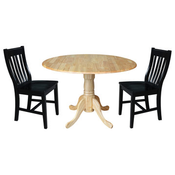 42" Dual Drop Leaf Table With 2 Slat Back Dining Chairs, Natural/Black