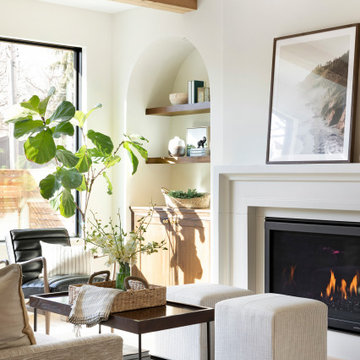 Antique White Oak Box Beams on White Ceiling in a Contemporary Living Room