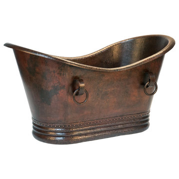 Premier Copper 60 Inch Hammered Copper Double Slipper Bathtub With Rings